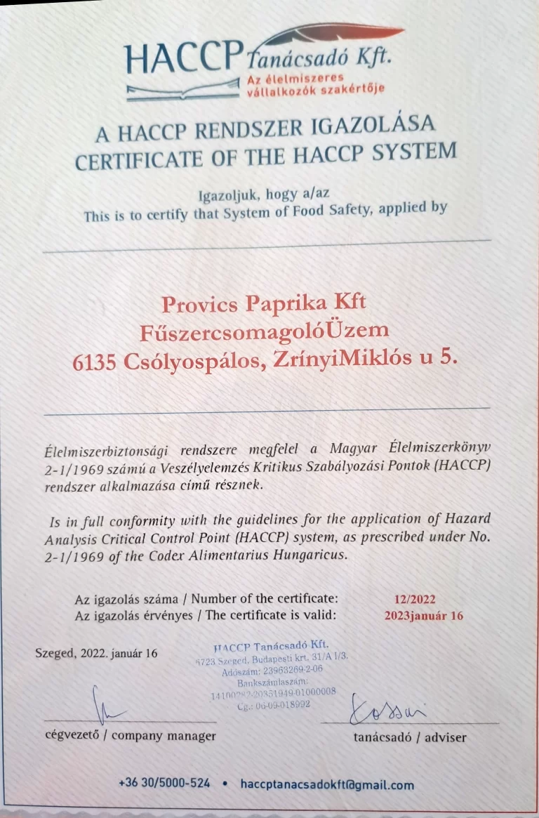 HACCP tanusítvány